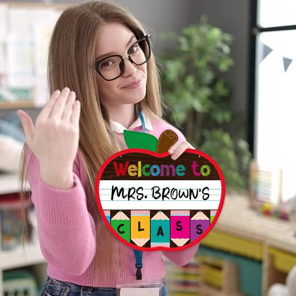 Welcome Sign for Classroom Door Decorations, Personalized Apple-shape Teacher Door Sign, Back to School Welcome to Our Classroom Sign, Teacher Name Sign for Classroom Door Teacher Supplies