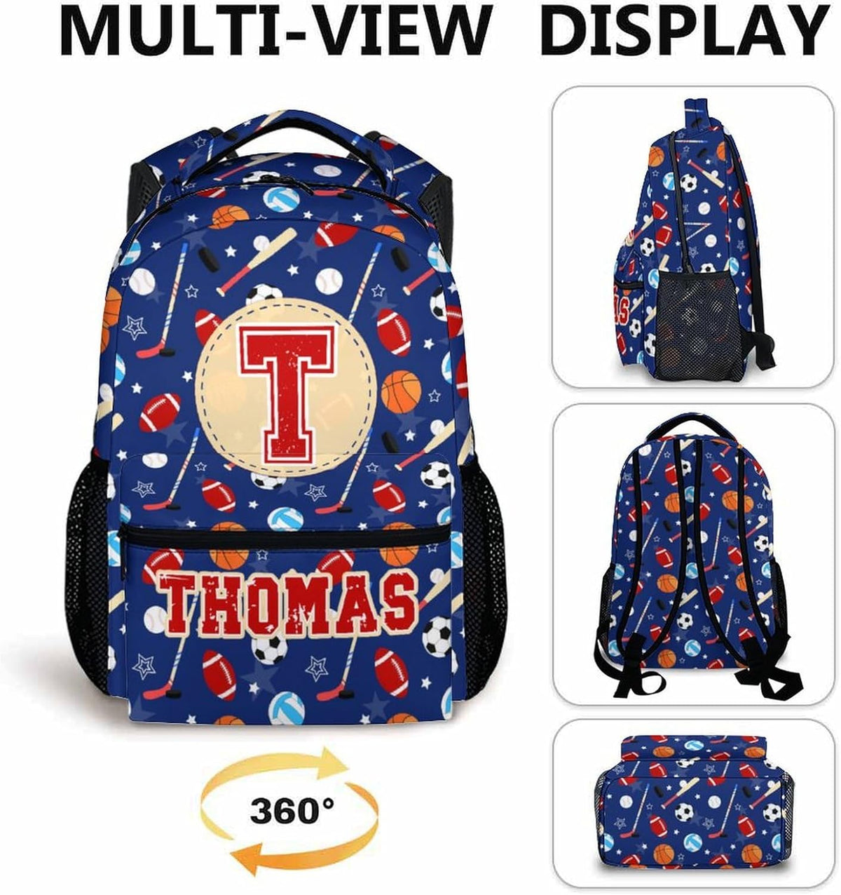 Backpack for Kids Boys - Sport Lovers Personalized Initial Monogram Backpacks for School Preschool Elementary - Custom Bookbag Gifts with Name for Back to School