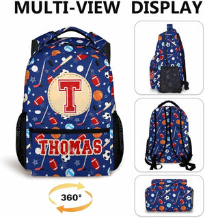 Backpack for Kids Boys - Sport Lovers Personalized Initial Monogram Backpacks for School Preschool Elementary - Custom Bookbag Gifts with Name for Back to School