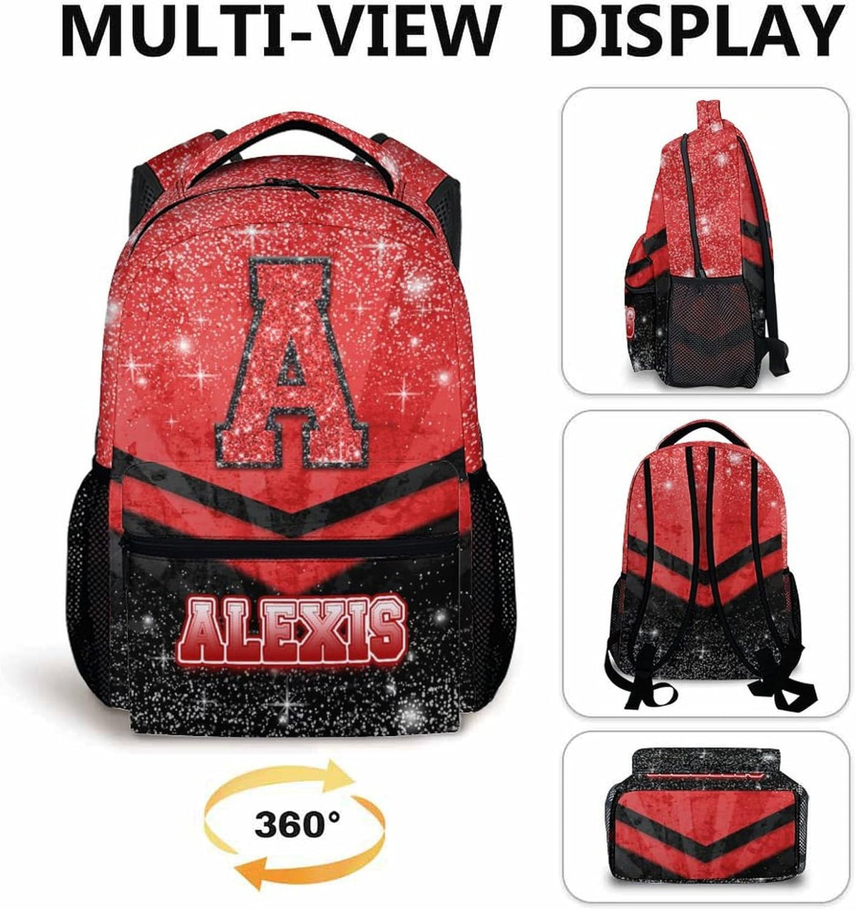 Custom Kindergarten Backpack for Girls Boys, Personalized Glitter Cheer School Bag for Kids Preschool Elementary - Red Cheerleader Daypack for School Travel Gym Work Hiking Camping