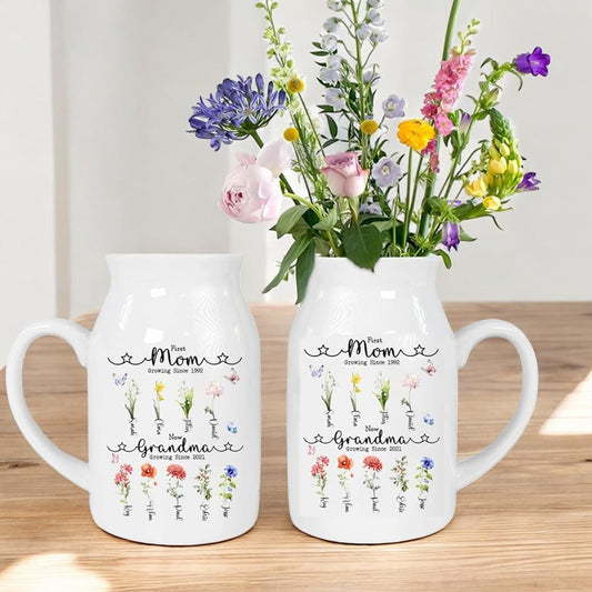 Personalized Grandmas Garden Flower Ceramic Vase, Custom Birth Month Flower Plant Vase,Grandma Gift for Mama, Nana, Mimi, Birthday, Mothers Day