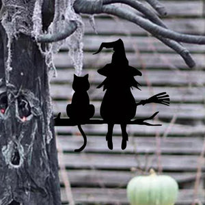 Witch Cat Garden Sign, Black Cat Halloween Decor, Waterproof Metal Yard Signs, Scary Garden Silhouette Creative Stylish Metal Yard Decor for Lawn, Yard, Outdoor Halloween