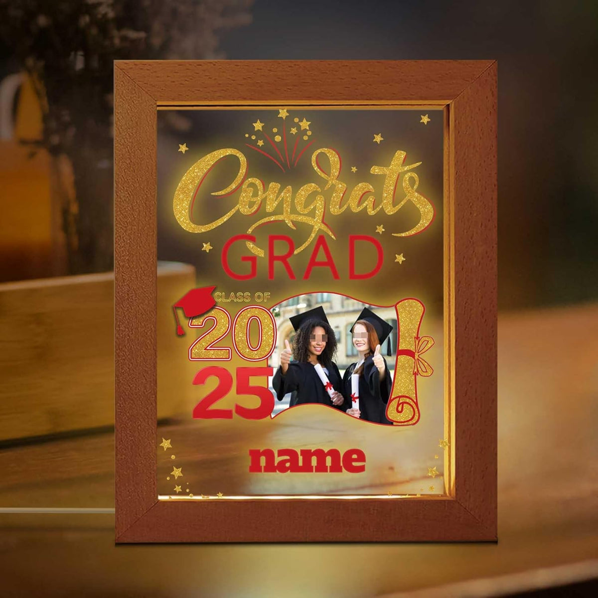 Personalized Night Light Graduation Gift with Wooden Picture Frame Customized Photo Text Congrats Grad Gift Class of 2025 Acrylic Night Lamp Gift for Graduation