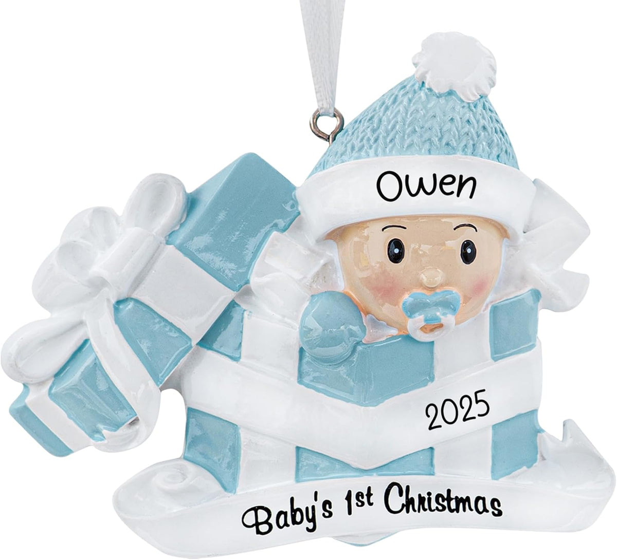 Personalized Baby's First Christmas Ornament 2025 | Custom Baby Boy in Blue Girl In Pink Present Xmas Tree Decoration Newborn New Grandbaby My 1st Year Ornament