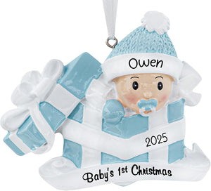 Personalized Baby's First Christmas Ornament 2025 | Custom Baby Boy in Blue Girl In Pink Present Xmas Tree Decoration Newborn New Grandbaby My 1st Year Ornament
