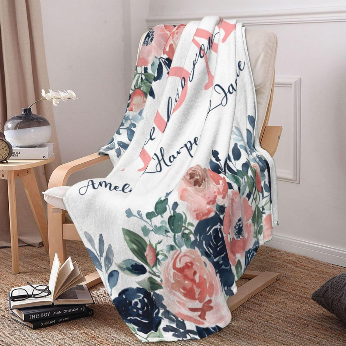 Mothers Day Birthday Gifts for Mom Personalized Blanket with Name for Grandma Mom's Garden Birthday Gift for Grandmother Mom Nana Gigi Mimi Mommy (Blue)