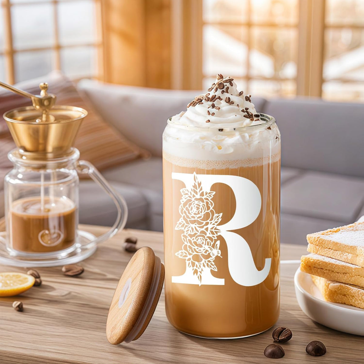 Gifts for Holidays,Birthday Gifts for Women,Personalized Initial Glass Cup as Iced Coffee Cups,Aesthetic Smoothie Cup Cute Beer Tumbler,16 oz Glass Cups