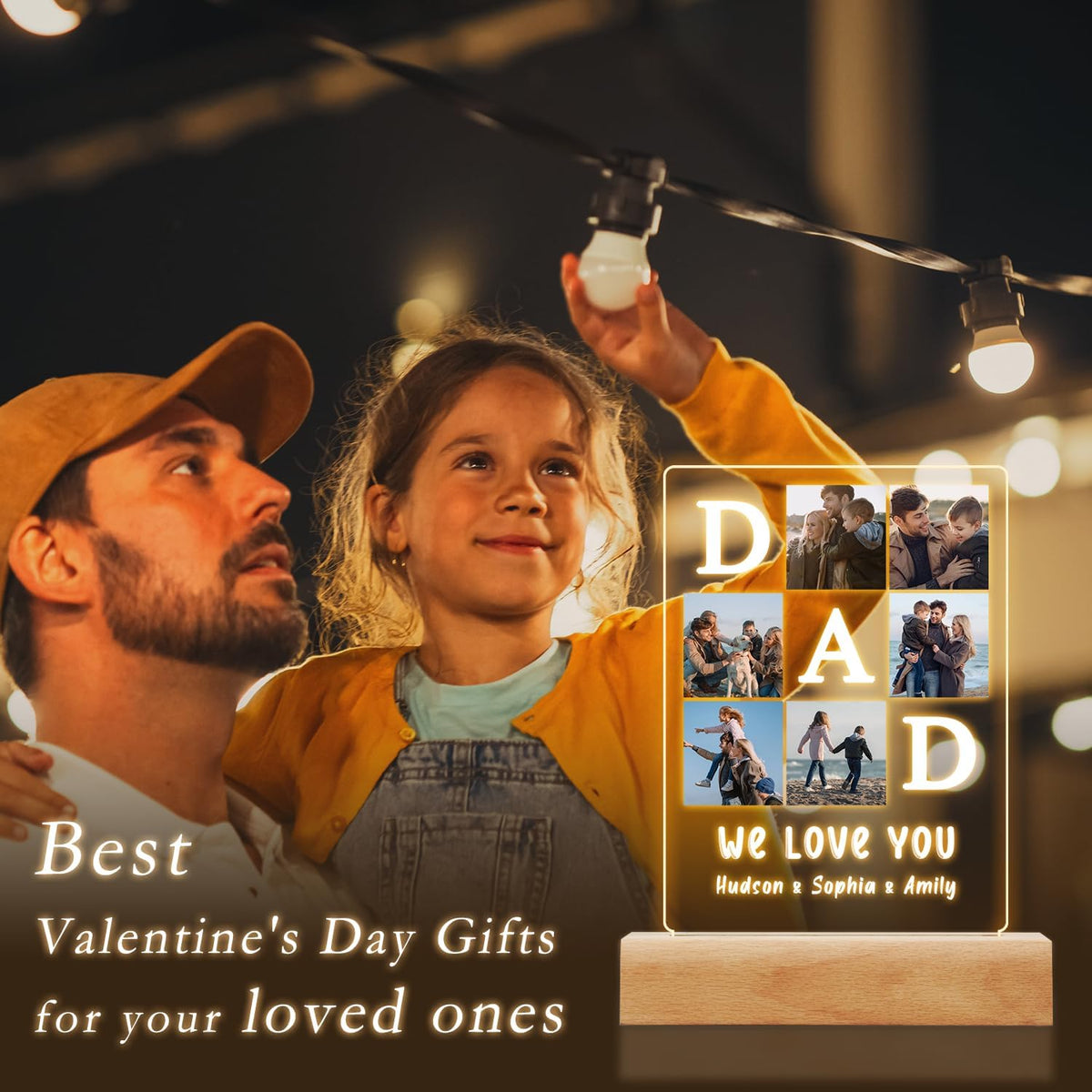 Personalized DAD Plaque with Night Light, Father's Day Birthday Gifts For Dad From Daughter Son, Custom Acrylic LED Gifts with photo for Grandpa Husband From Wife, Picture Frame for Men