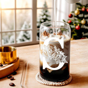 Gifts for Holidays,Birthday Gifts for Women,Personalized Initial Glass Cup as Iced Coffee Cups,Aesthetic Smoothie Cup Cute Beer Tumbler,16 oz Glass Cups