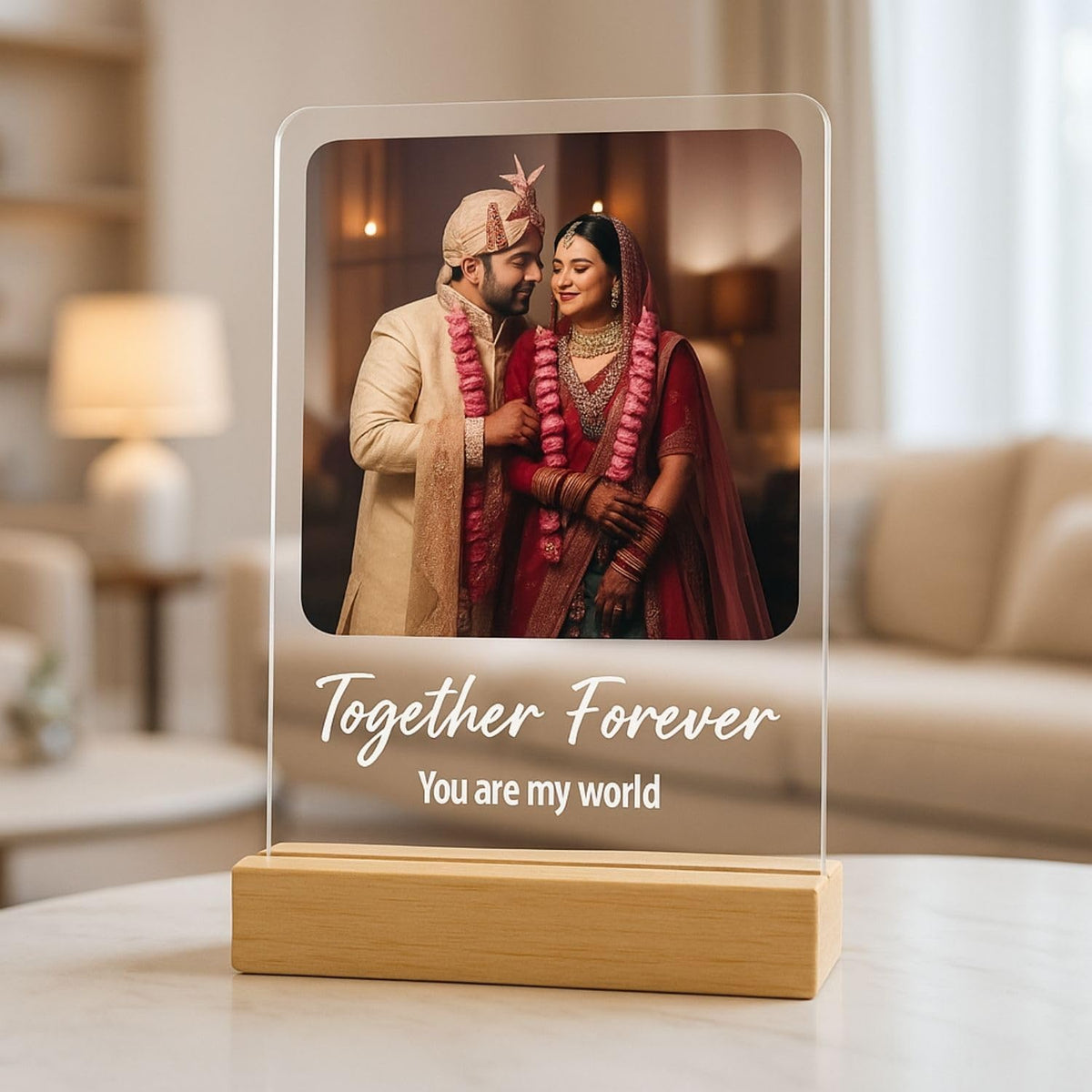 Acrylic Customized Photo, Text Plaque | Personalized Photo Frame with Pinewood Stand | Gift for friend, partner, parents