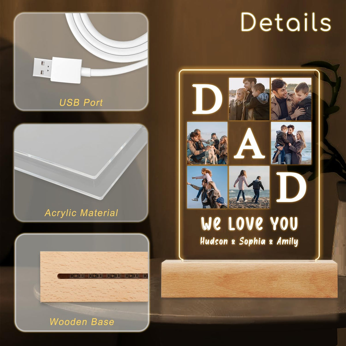 Personalized DAD Plaque with Night Light, Father's Day Birthday Gifts For Dad From Daughter Son, Custom Acrylic LED Gifts with photo for Grandpa Husband From Wife, Picture Frame for Men