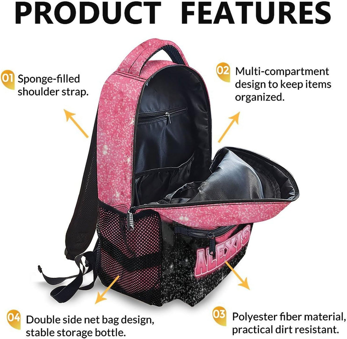 Custom School Backpack for Girls- Personalized Glitter Initial Name Backpack for Kids Kindergarten Preschool Primary - Black & Pink Student Cheerleader Bookbag for Travel Work School