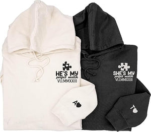Custom Embroidered Perfect Piece and Roman Numeral Sweatshirt and Hoodie, Custom Name for Couple, Embroidered Custom Aniversary Date and Initial Hearts, Gifts for Him Her, Matching Couples