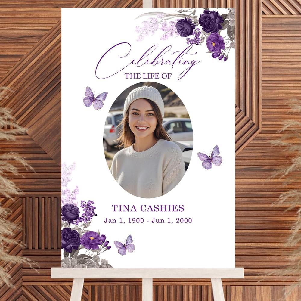 Personalized Funeral Welcome Signs, Celebrating The Life Of Signs, Custom Memorial Signs with Image, Forever In Our Hearts Signs, Flower Butterfly Purple Yard Signs, Memory Signs For Funeral