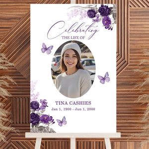 Personalized Funeral Welcome Signs, Celebrating The Life Of Signs, Custom Memorial Signs with Image, Forever In Our Hearts Signs, Flower Butterfly Purple Yard Signs, Memory Signs For Funeral