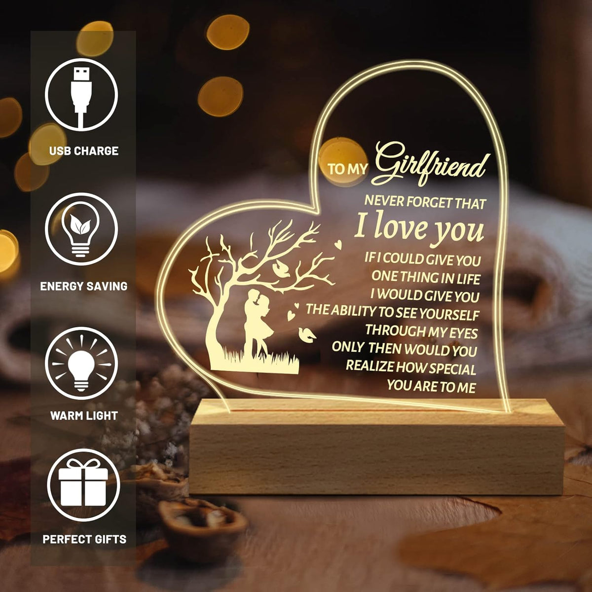 Valentines Day Gifts for Girlfriend, to My Girlfriend Custom Acrylic Engraved Night Light Presents, Birthday Anniversary Christmas Valentines Day Gifts for Girlfriend