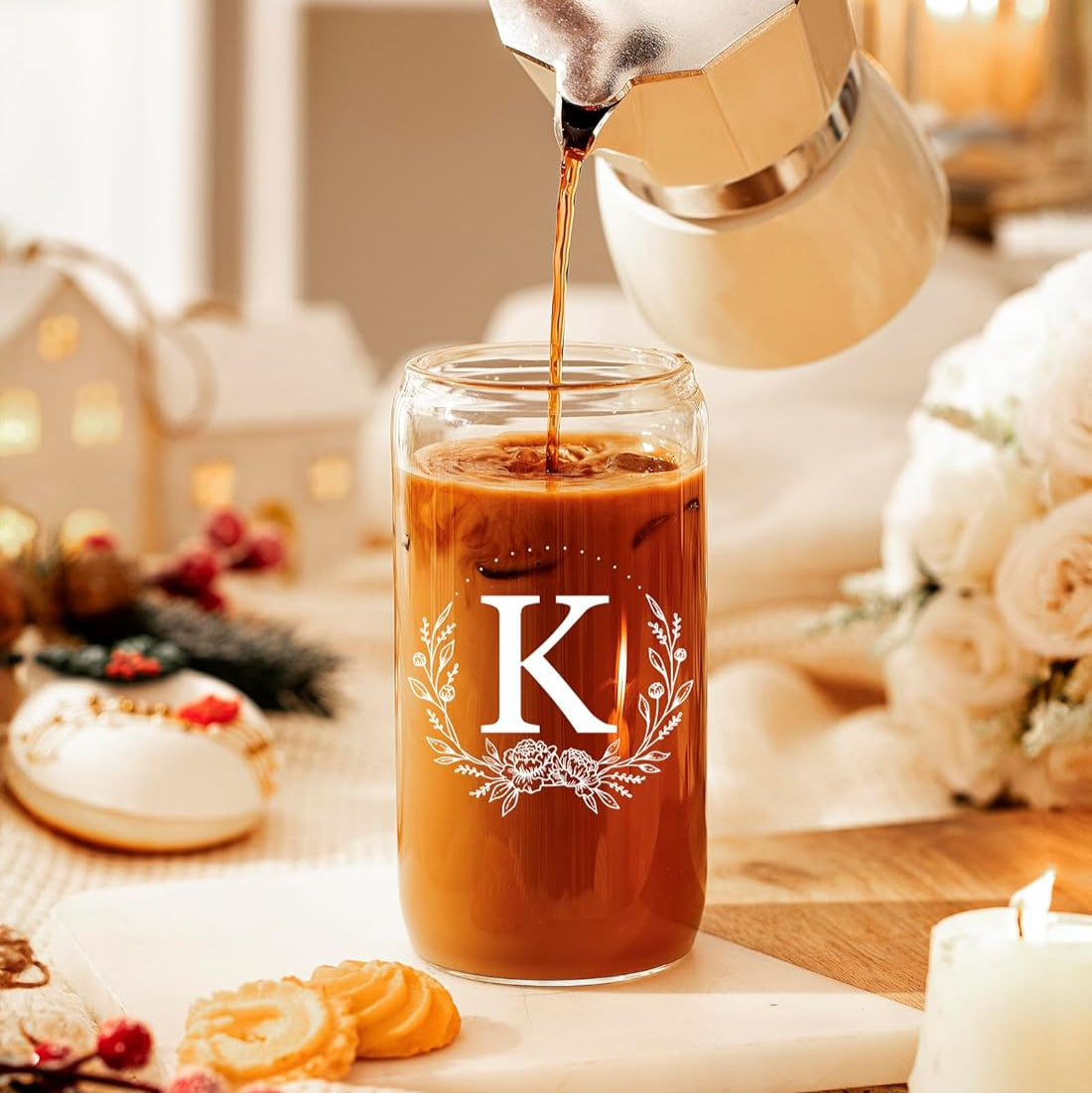 Personalized Gifts for Women, Monogrammed 16oz 11oz 20oz Glass Cups with Bamboo Lids and Straws, Customized Glass Tumbler, Customizable Initial Iced Coffee Glasses, Birthday Bridesmaid Mom