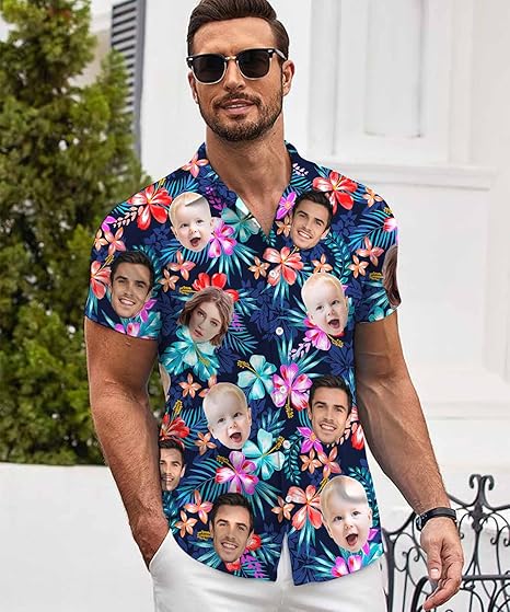Custom Hawaiian Shirt W/Face for Men Personalized Funny Button Down Hawaiian Shirts w/Photo Tropical Beach Shirts