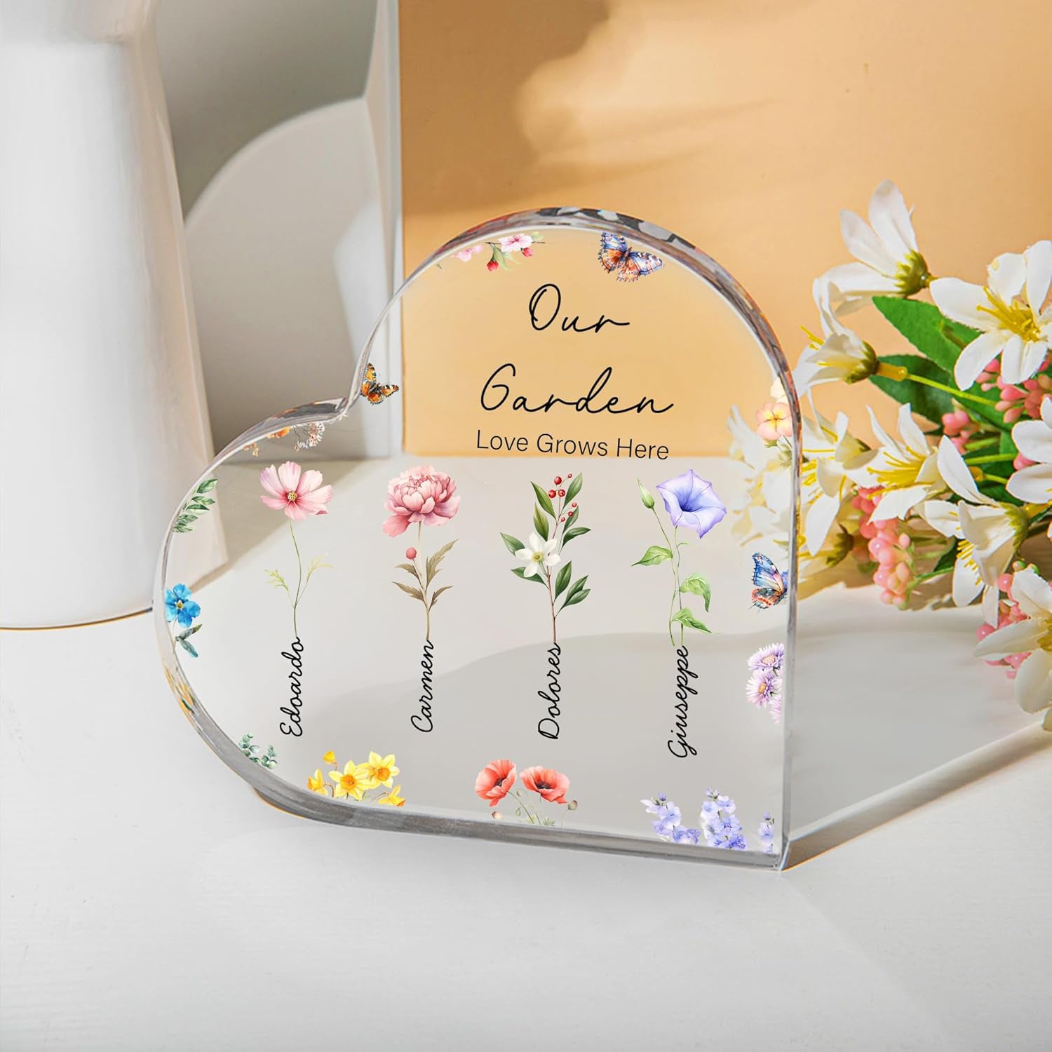 Personalised Birth Flower Butterfly Heart Acrylic Plaque with Name and Text Home Decor Mother's Day Birthday Gift for Grandmother Family
