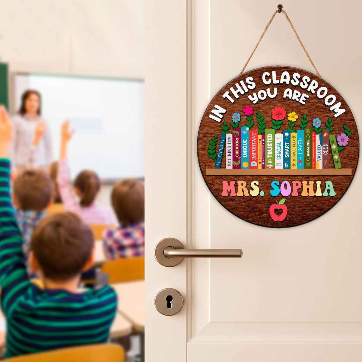 Personalized Teacher Appreciation Gifts, Teacher Door Signs, Welcome Sign for Classroom Door, Floral Teacher Name Sign, Back to School Door Hanger Teacher Gifts from Students Wooden Plaque
