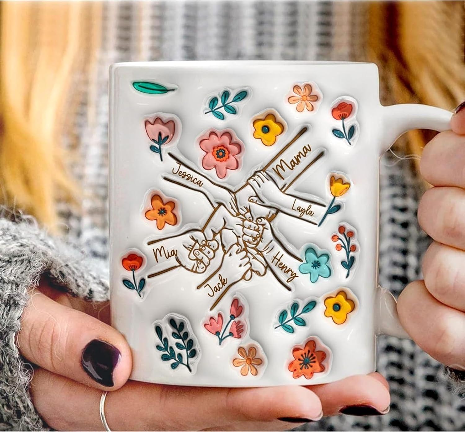 Personalized Mother's Day Gifts Mom You Hold My Hand Also My Heart Mug, Family Personalized Custom 3D Inflated Effect Printed Mug, Mother's Day, Gift For Mom, Grandma, Nana