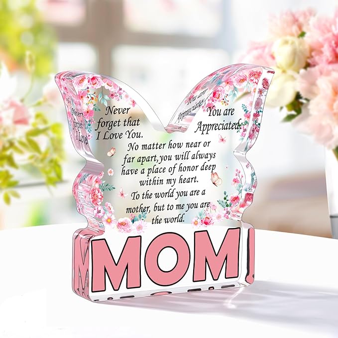 Mothers Day Gifts for Mom Birthday Gifts for Mom from Daughter Son, Mom Birthday Ideas Gift Unique Christmas Best Mom Ever Gift New Mom Single Mom Stepmom Butterfly Shaped Acrylic Plaque Sign