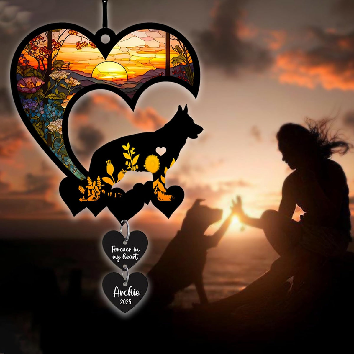 Personalized Dog Memorial Suncatcher, Custom Pet Memorial Gifts for Loss of Dog, SunCatcher Gift for Someone Who Lost a Dog, Dog Remembrance Stained Glass, Hanging Garden Decor with Heart