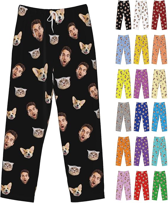 Custom Pajamas Pants Multi Color Background Personalized Funny PJ Pant Design with Face Pajama for Men Women Dog Pet