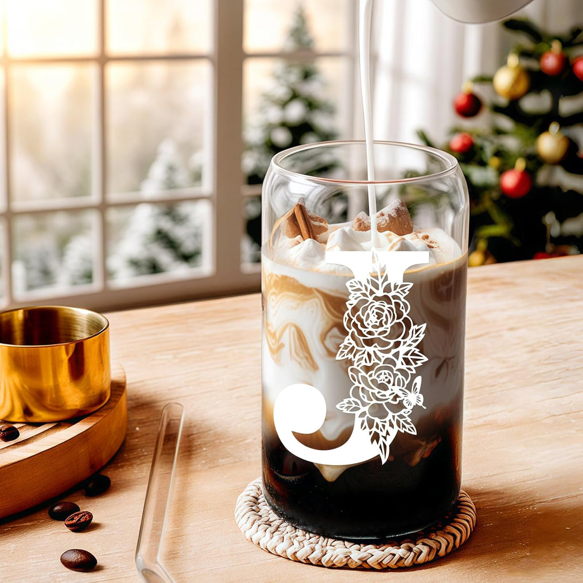 Gifts for Holidays,Birthday Gifts for Women,Personalized Initial Glass Cup as Iced Coffee Cups,Aesthetic Smoothie Cup Cute Beer Tumbler,16 oz Glass Cups