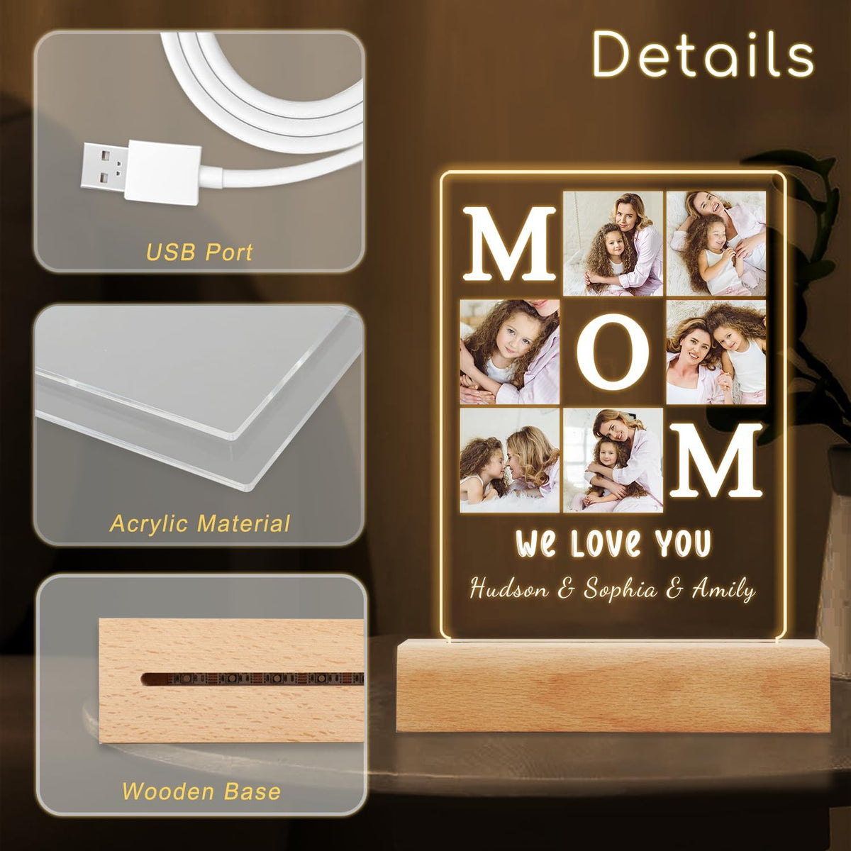 Personalized MOM Picture Frames with Night Light, Mothers Day Birthday Gifts for Mom From Daughter Son, Custom Photo Plaque with Kids Name, Customized MAMA Birthday Gifts for Women