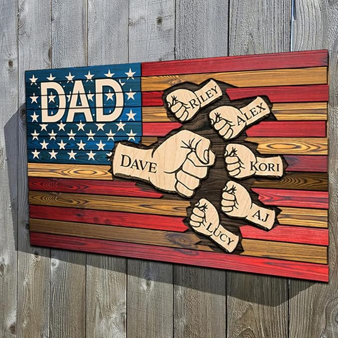 Personalized gifts for Dad Papa Grandpa, Dad flag Independence day wood sign, Fist bump Dad and Kids wooden plaque, Kids hands flag, Father day decor 4th of july, Fathers day gift from kids gift