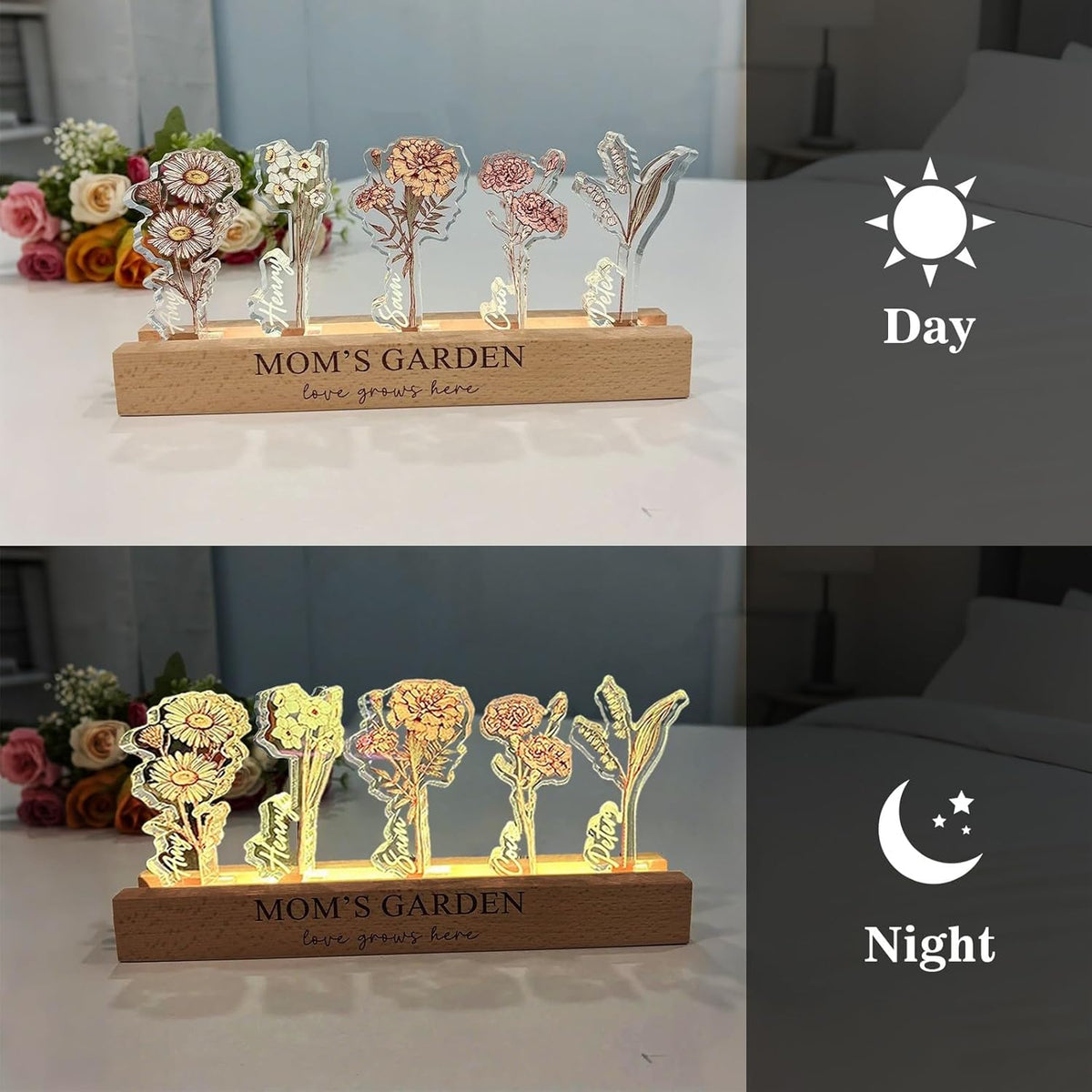 Custom Birth Flower Acrylic LED Light With Children's Names Mom's Garden Night Light Personalized Crystal Flower Display Wooden Base Birth Month Floral Decor Mother's Day Gift for Mom