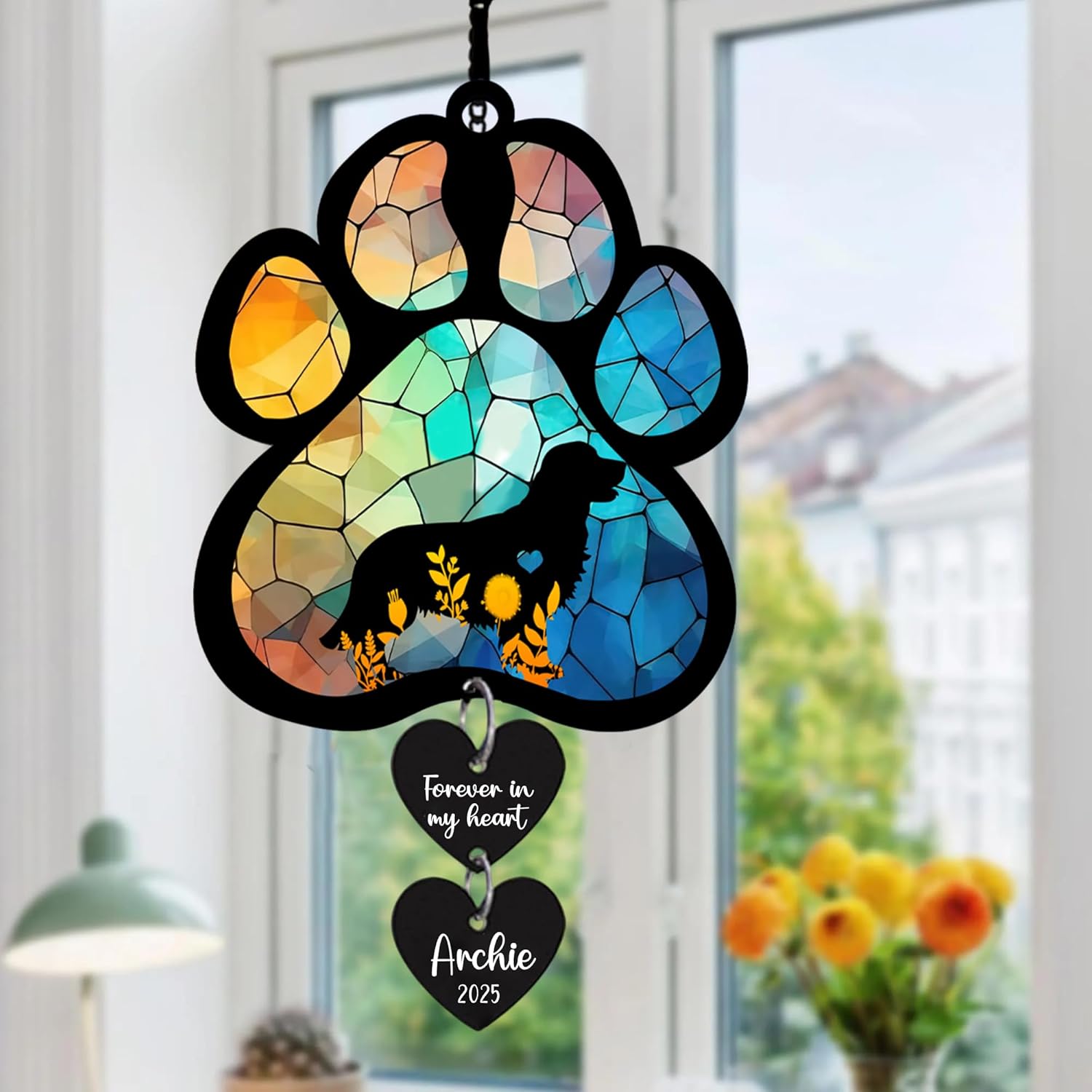 Personalized Dog Memorial Suncatcher, Custom Pet Memorial Gift for Loss of Dog, Stained Glass Acrylic Sympathy, Hanging Garden Decor with Paw