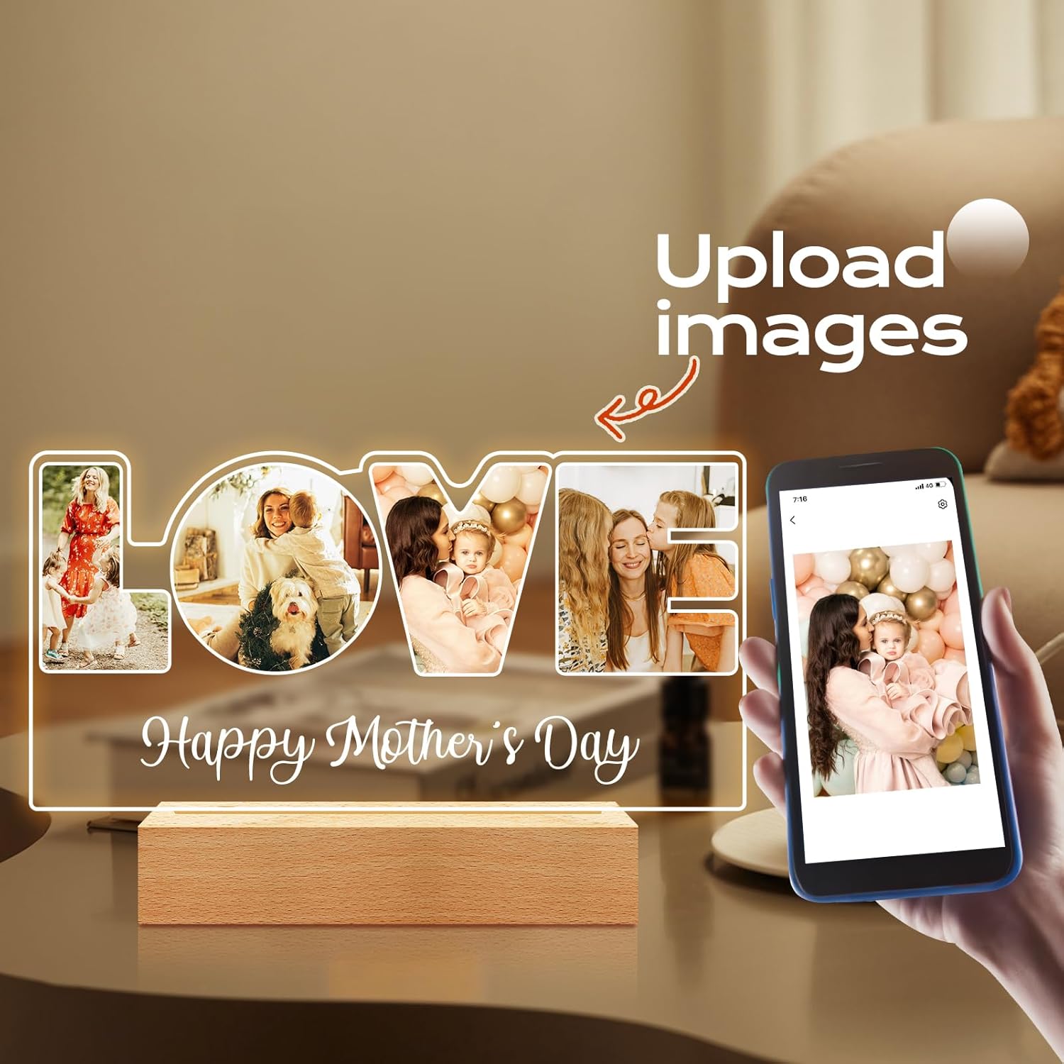 Personalized Mothers Day Gifts for Mom/Kid/Baby/Family/Pet, Custom LOVE Picture Frame with Photos, Personalized Photo Frame with Night Light, Personalized Mom Birthday Gifts from Daughter & Son