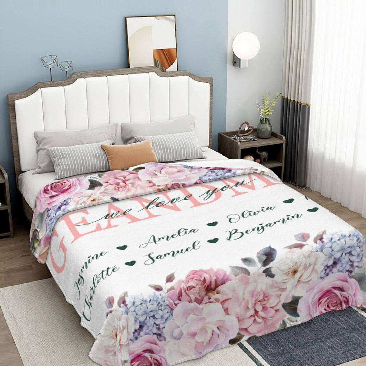 Blanket for Mom from Daughter Son Kids, Personalized Blanket with Name for Grandma, Mom's Garden Birthday Gift for Grandma Grandmother Mom Nana Gigi Mimi