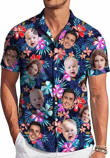 Custom Hawaiian Shirt W/Face for Men Personalized Funny Button Down Hawaiian Shirts w/Photo Tropical Beach Shirts