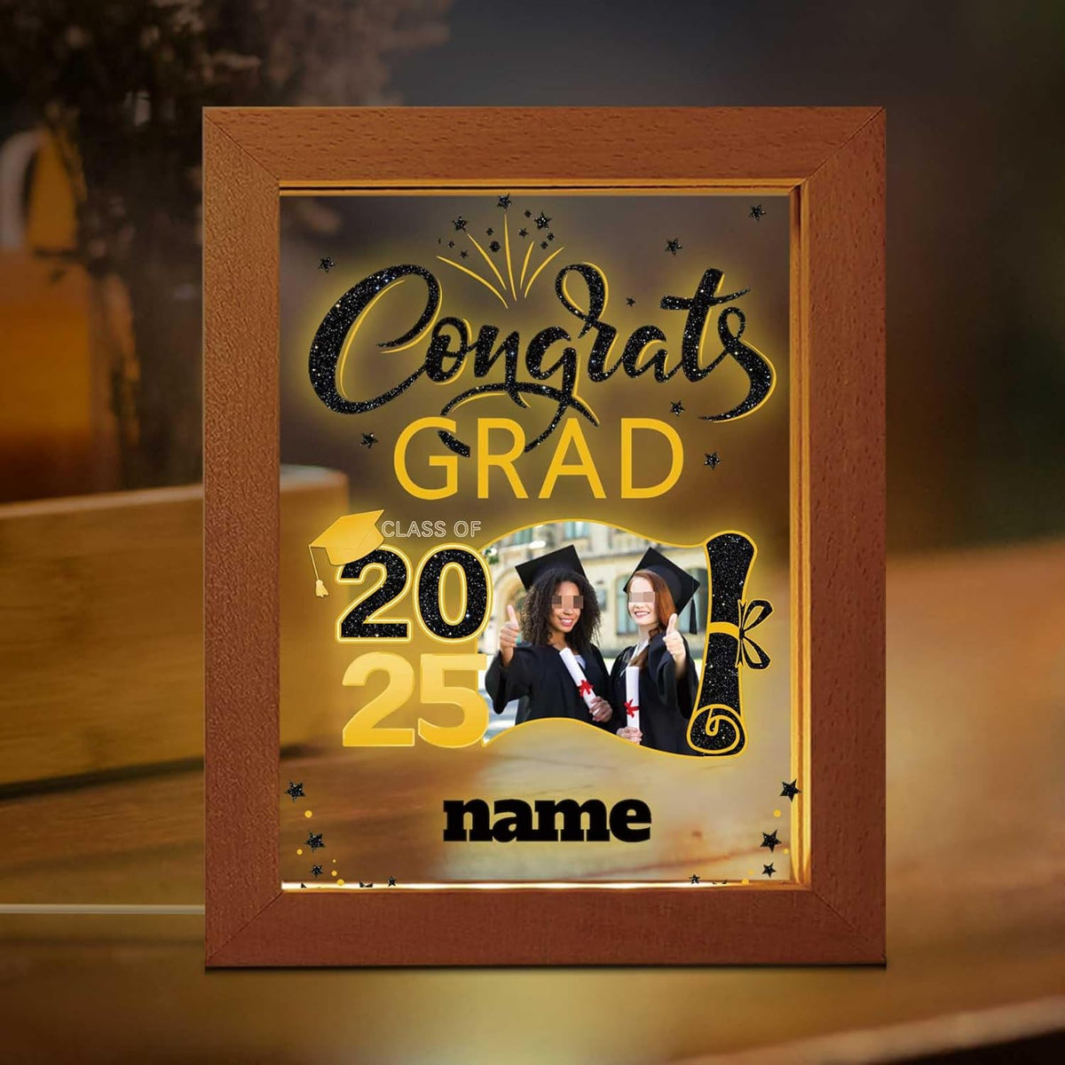 Personalized Night Light Graduation Gift with Wooden Picture Frame Customized Photo Text Congrats Grad Gift Class of 2025 Acrylic Night Lamp Gift for Graduation