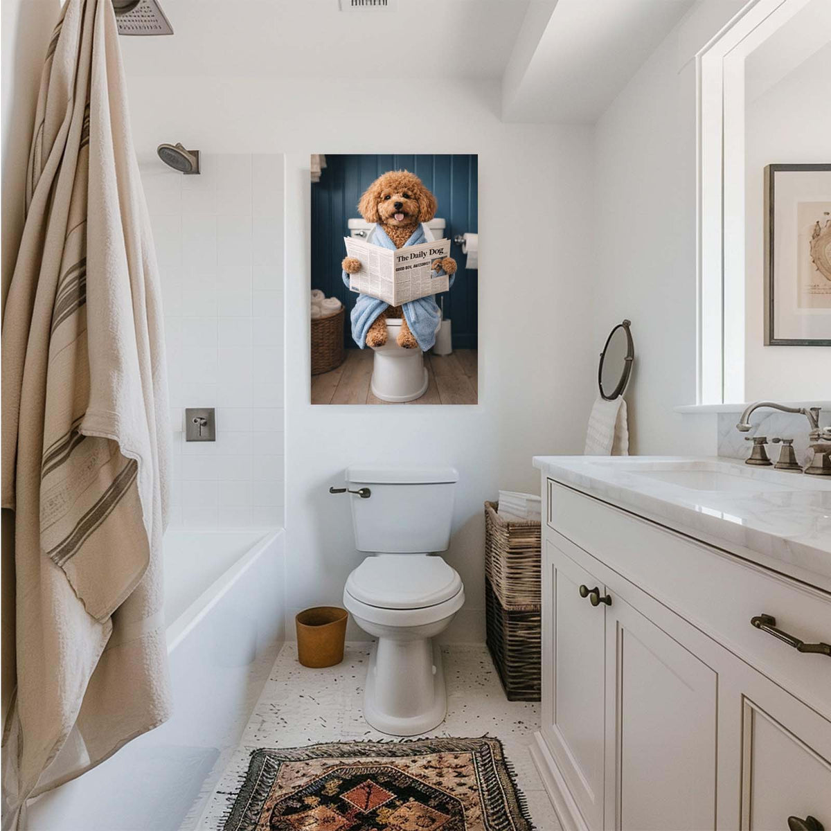 Custom Pet on Toilet with Newspaper | Unique Pet Gift, Fun Bathroom Print, Dog on Toilet, Personalised Pet Wall Art, Pet Portrait from Photo