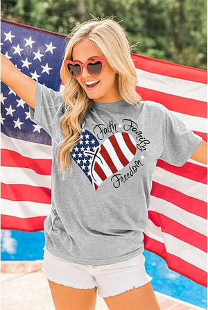 4th of July Shirts Women Faith Family Freedom Tshirt American Flag T Shirts Star Stripes Patriotic Shirts Top