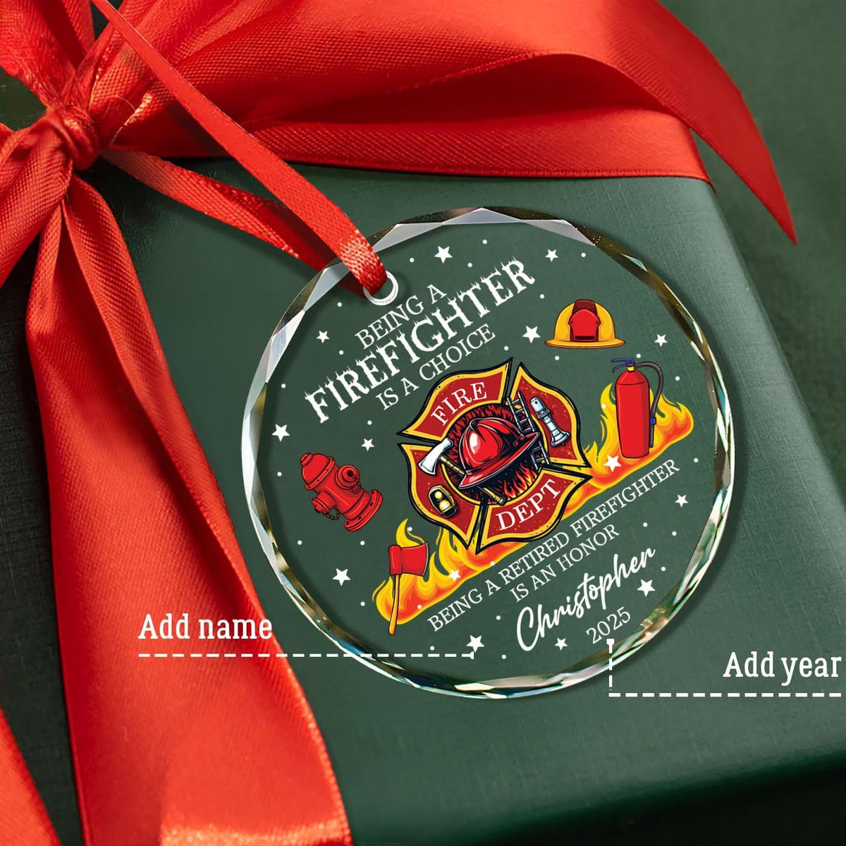 Custom Name/Year Retired Firefighting Christmas Glass Ornament 2025, Being A Retired Firefighter is an Honor Ornaments, Personalized Fireman Retirement Ornament Gifts for Men Dad Husband Coworkers