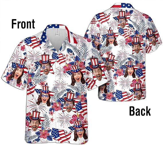 Custom Photo Patriotic Short Sleeve Hawaiian Shirt with Face, Personalized Photo Independence Day Hawaiian Shirt Funny 4th of July Mens and Womens, American Flag Shirts, Custom USA Shirts