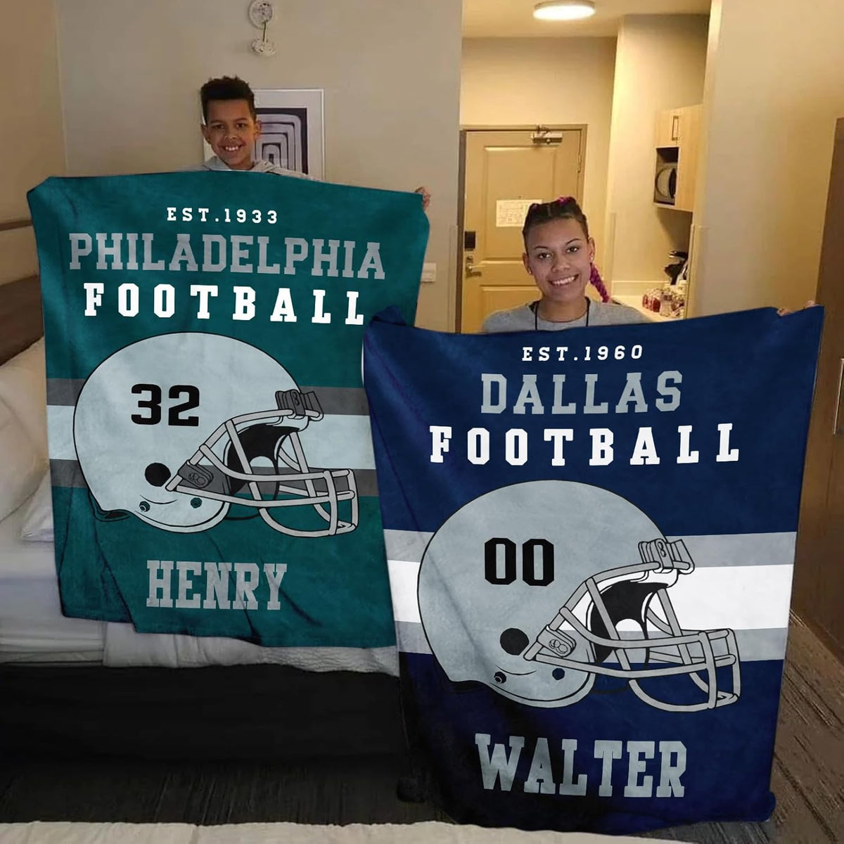 Custom Football Blanket Personalized with Name City and Helmet Number Soft Flannel Football Throw Blankets Gifts for Teen Boys Athletes Fans Kids Adult
