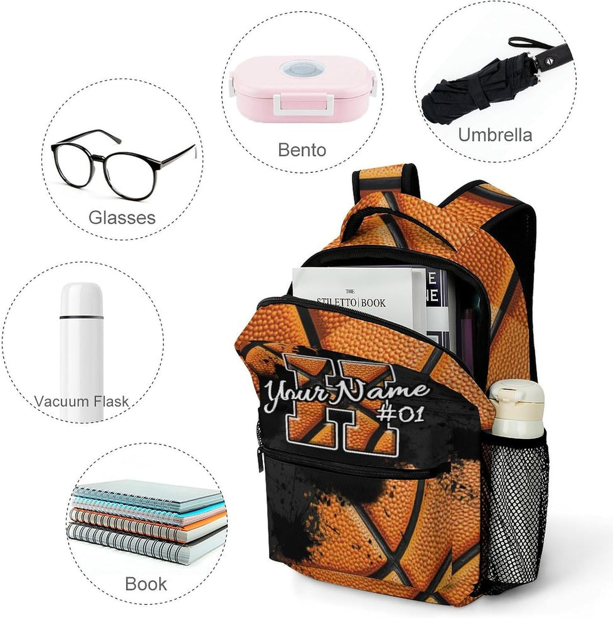 Boys Backpack for Kids Custom Initial Basketball School Backpacks for Elementary Middle Primary High Senior Personalized Monogrammed Bookbag Supplies for Sports Lovers