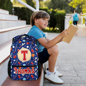 Backpack for Kids Boys - Sport Lovers Personalized Initial Monogram Backpacks for School Preschool Elementary - Custom Bookbag Gifts with Name for Back to School