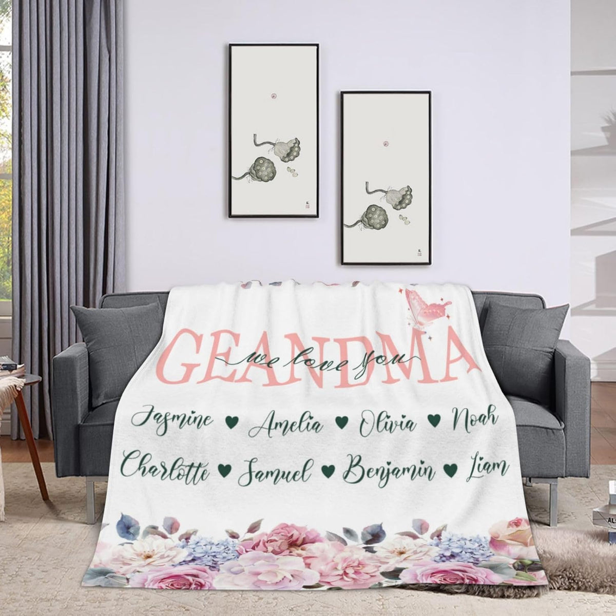 Blanket for Mom from Daughter Son Kids, Personalized Blanket with Name for Grandma, Mom's Garden Birthday Gift for Grandma Grandmother Mom Nana Gigi Mimi