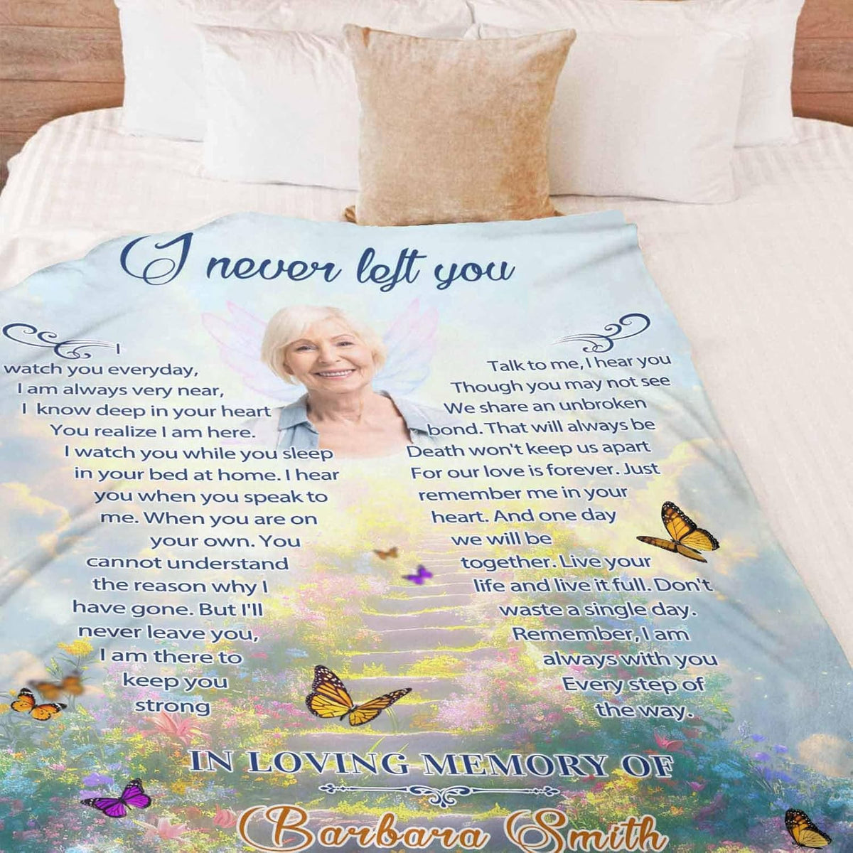 I Never Left You Custom Memorial Photo Blankets | in Memory of Loved One | Sympathy Gifts for Loss of Mother Father Husband Grandma Son | Bereavement Grief Gifts