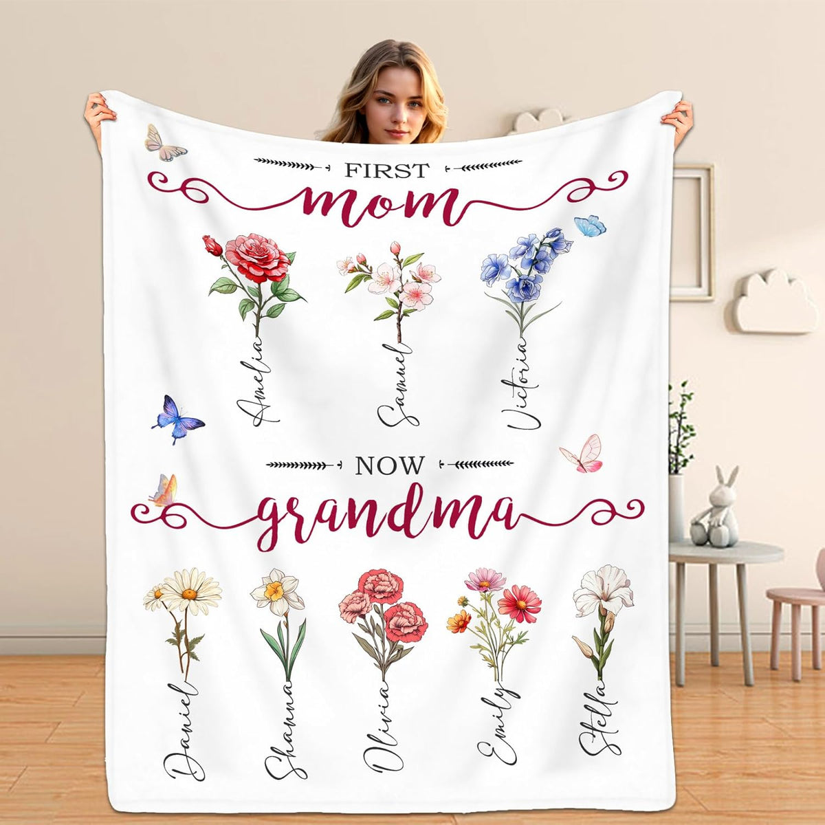 Mothers Day Birthday Gifts for Mom Personalized Blanket with Name for Grandma Mom's Garden Birthday Gift for Grandmother Mom Nana Gigi Mimi Mommy Blanket