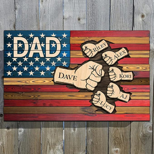 Personalized gifts for Dad Papa Grandpa, Dad flag Independence day wood sign, Fist bump Dad and Kids wooden plaque, Kids hands flag, Father day decor 4th of july, Fathers day gift from kids gift