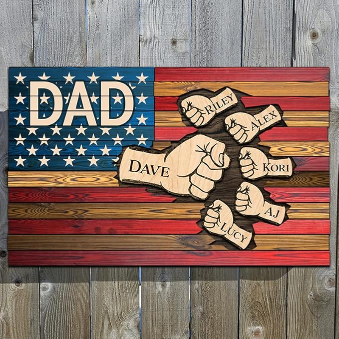 Personalized gifts for Dad Papa Grandpa, Dad flag Independence day wood sign, Fist bump Dad and Kids wooden plaque, Kids hands flag, Father day decor 4th of july, Fathers day gift from kids gift