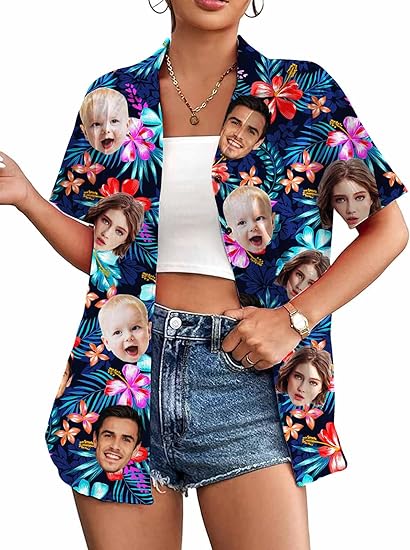 Custom Hawaiian Shirt W/Face for Men Personalized Funny Button Down Hawaiian Shirts w/Photo Tropical Beach Shirts